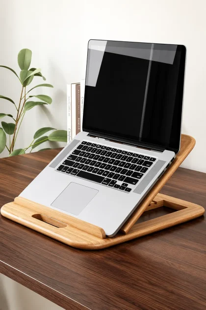 Mini wooden book and laptop stand front view