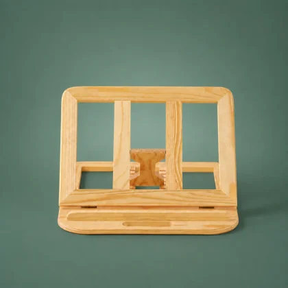 Mini wooden book and laptop stand front view